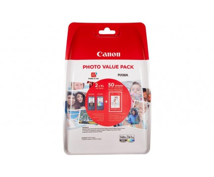 2 Tinteiros Originais, Canon PG-560 XL / CL-561 XL Preto 14.3ml + Cor 12.2ml + 50 Folhas 10x15cm