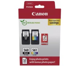 2 Tinteiros Originais, Canon PG-560 / CL-561 Preto 7.5ml + Cor 8.3ml + 50 Folhas 10x15cm