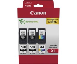 3 Tinteiros Originais, 2 Canon PG-560 XL Preto 14.3ml + 1 CL-561 XL Cor 12.2ml