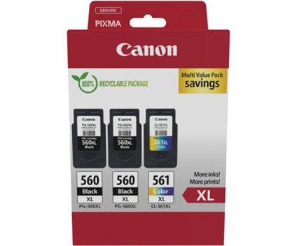 3 Tinteiros Originais, 2 Canon PG-560 XL Preto 14.3ml + 1 CL-561 XL Cor 12.2ml