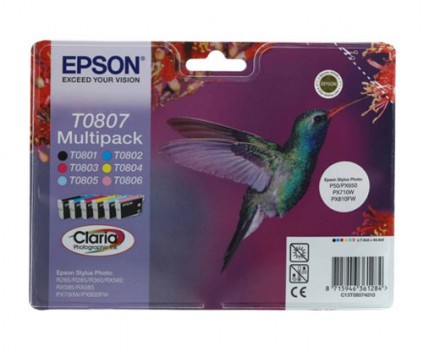 6 Tinteiros Originais, Epson T0807 / T0801-T0806 Preto 7.4ml + Cor 7.2ml