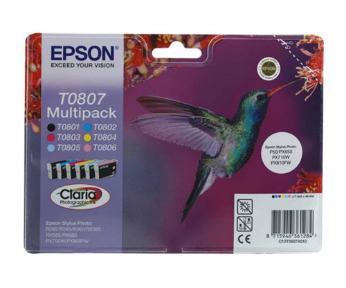 6 Tinteiros Originais, Epson T0807 / T0801-T0806 Preto 7.4ml + Cor 7.2ml