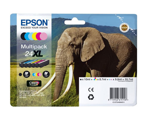 6 Tinteiros Originais, Epson T2431-T2436 / 24 XL Preto 10ml + Cor 8,7ml