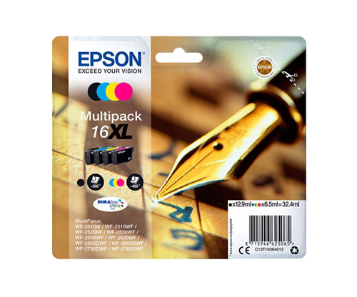 4 Tinteiros Originais, Epson T1636 / 16 XL Preto 12.9ml + Cor 6.5ml